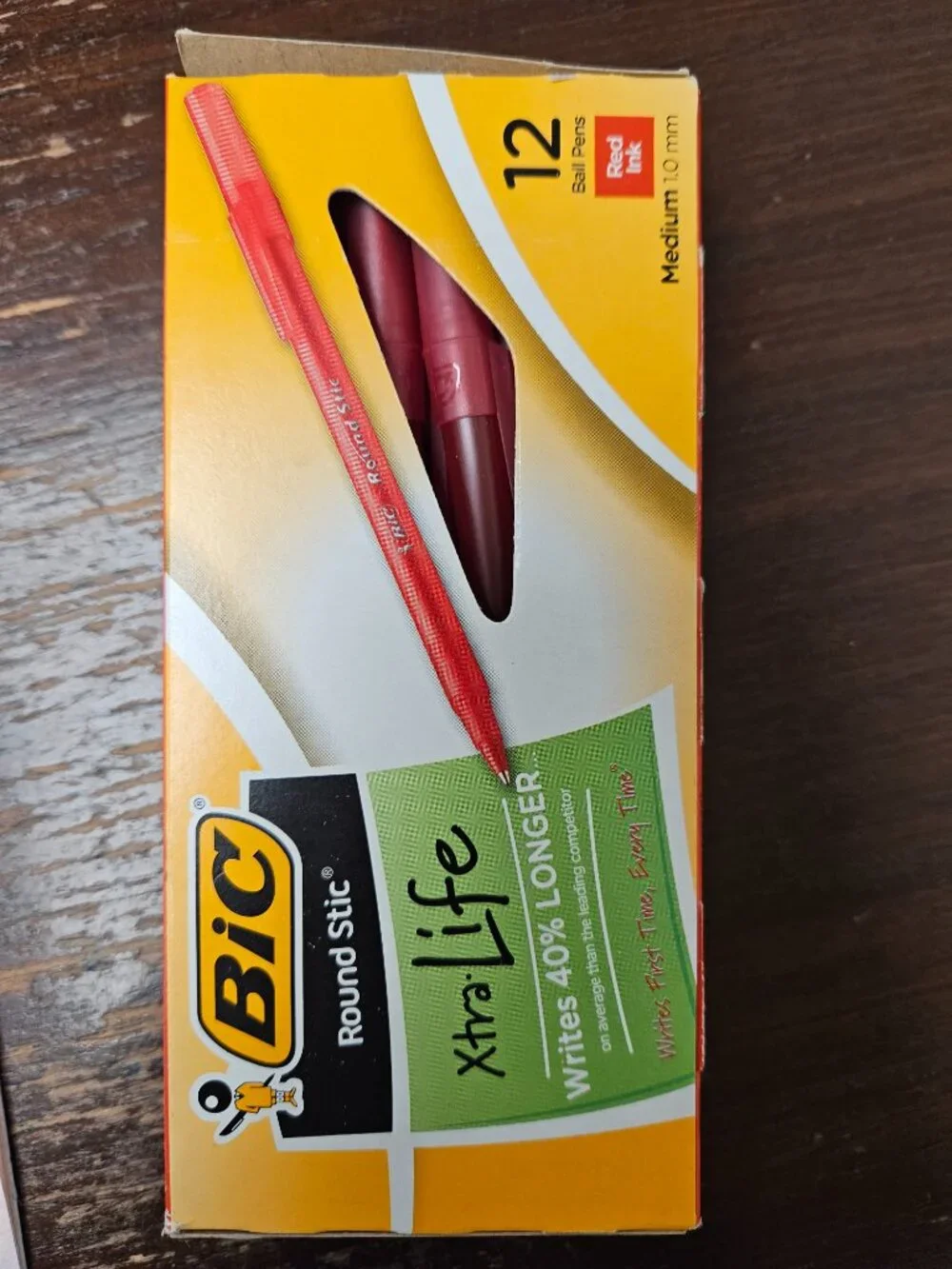 12 Pack Red ink BIC Round Stic Xtra Life Stick Ballpoint Pens Medium